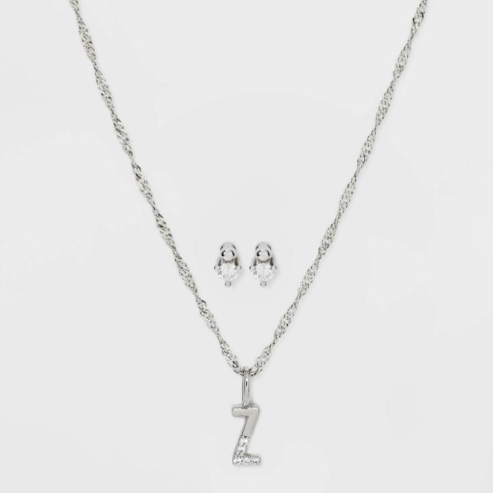 Silver Plated Cubic Zirconia 'z' Initial Earring And Pendant Necklace Set - A New Day