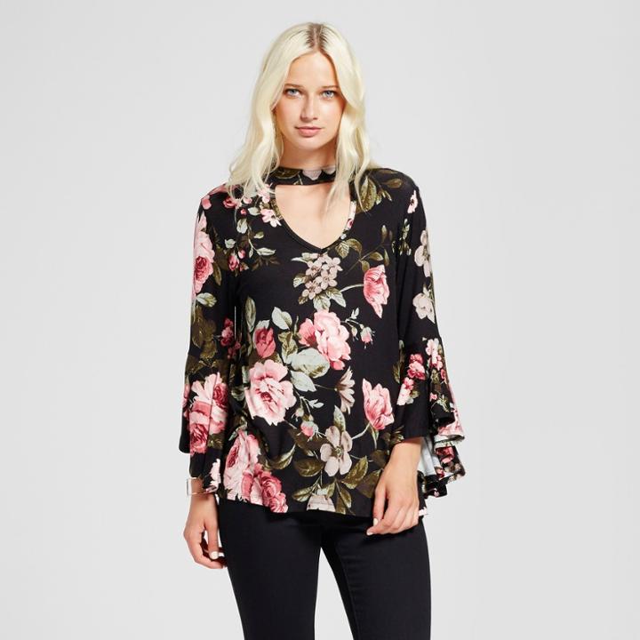 Women's Floral Bell Sleeve Mock Neck Top - Alison Andrews Black