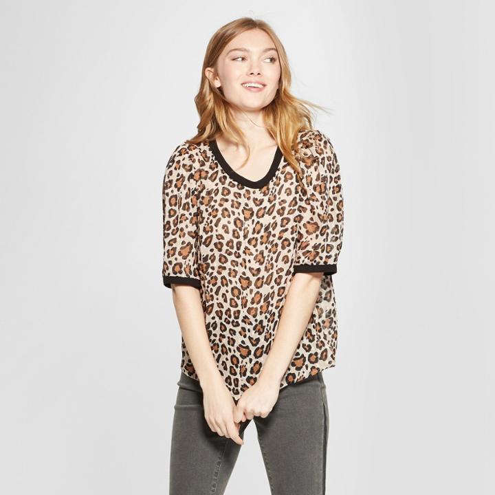 Women's Leopard Print Short Sleeve Woven T-shirt - A New Day Beige