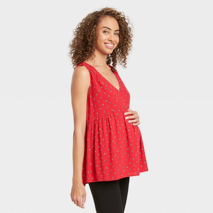 The Nines By Hatch Maternity Floral Print V-neck Smocked Shoulder Crepe Tank Top Red
