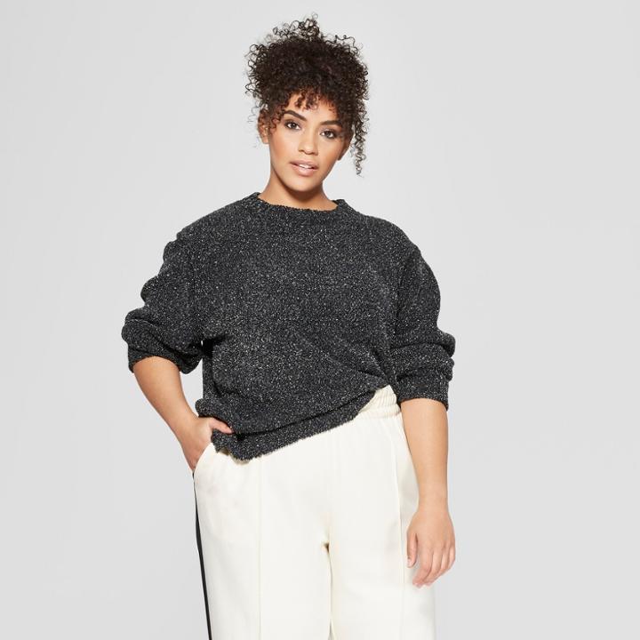 Women's Plus Size Long Sleeve Crew Neck Tinsel Sweater - Who What Wear Black/silver