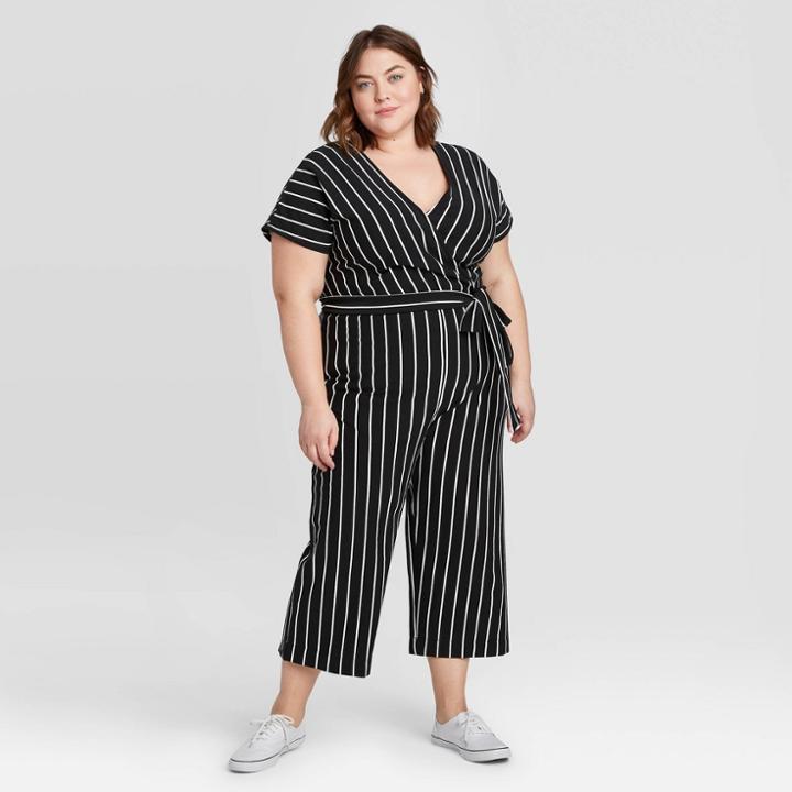 Women's Plus Size Striped Short Sleeve V-neck Jumpsuit - Ava & Viv Black X, Women's