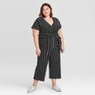 Women's Plus Size Striped Short Sleeve V-neck Jumpsuit - Ava & Viv Black X, Women's