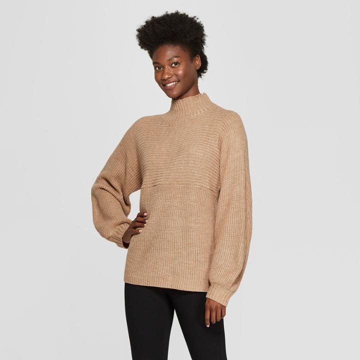 Women's Funnel Neck Pullover Sweater - A New Day Camel