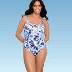 Women's Slimming Control Keyhole Lace-up Back One Piece Swimsuit - Beach Betty By Miracle Brands Blue Abstract Print