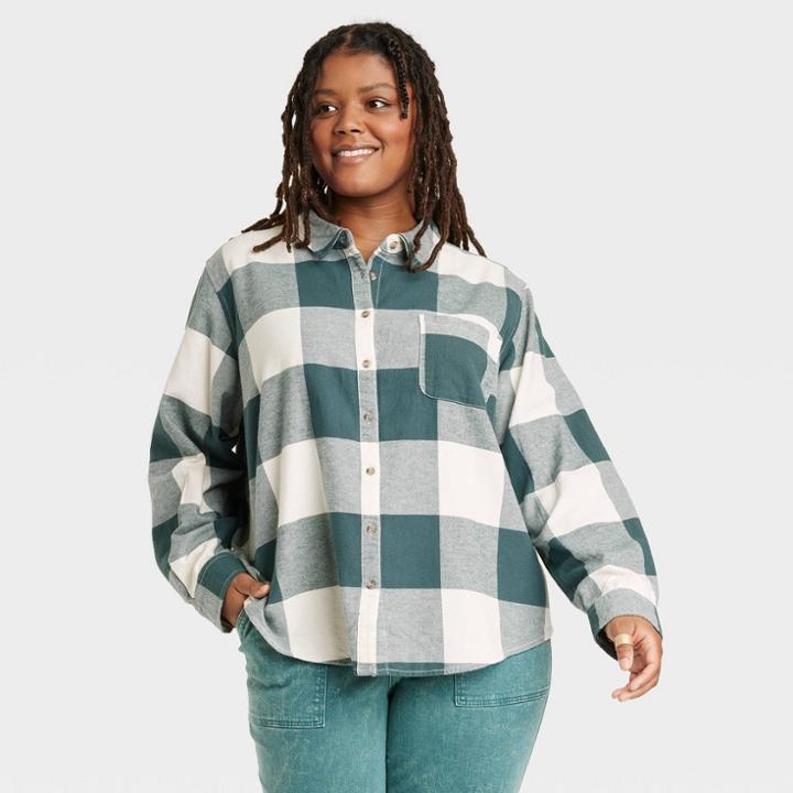 Women's Plus Size Relaxed Fit Long Sleeve Flannel Button-down Shirt - Universal Thread Teal Green Plaid