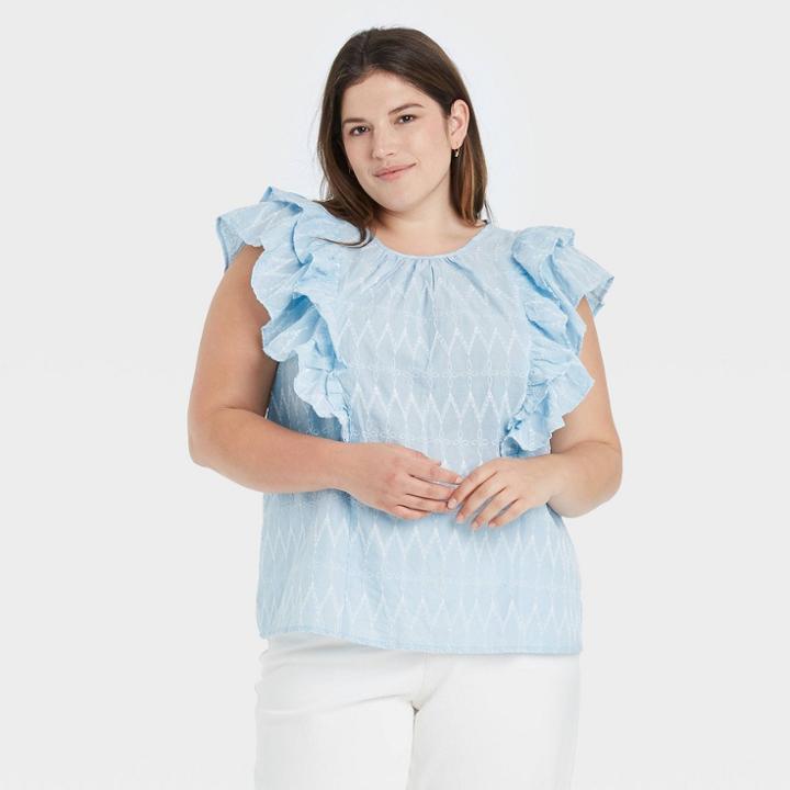 Women's Plus Size Flounce Sleeveless Embroidered Ruffle Blouse - Universal Thread Blue