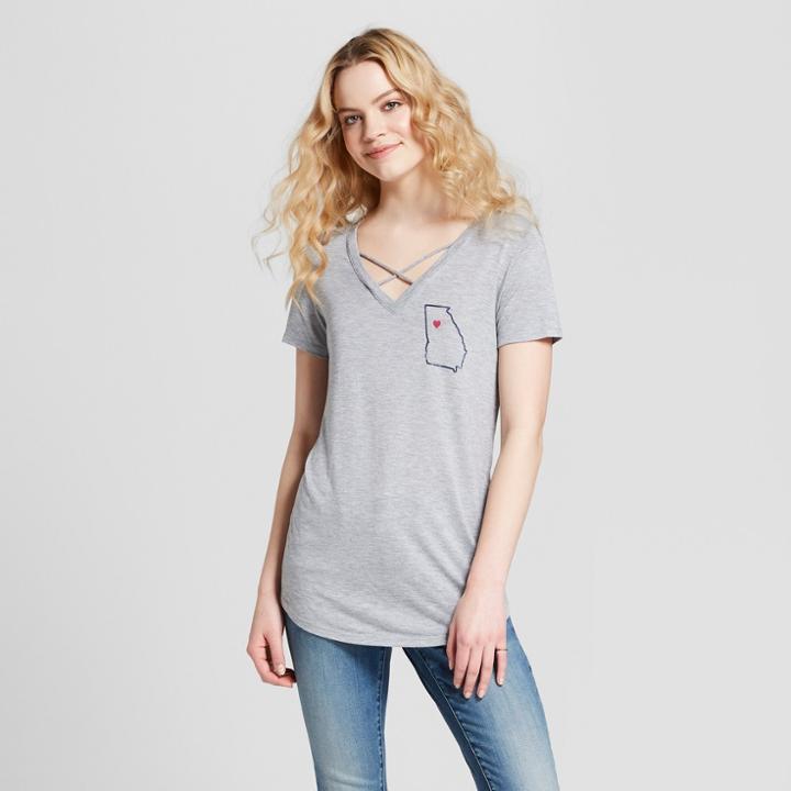 Women's Atlanta Georgia State Outline Heart Short Sleeve Cross Front Drapey Graphic T-shirt - Awake Gray
