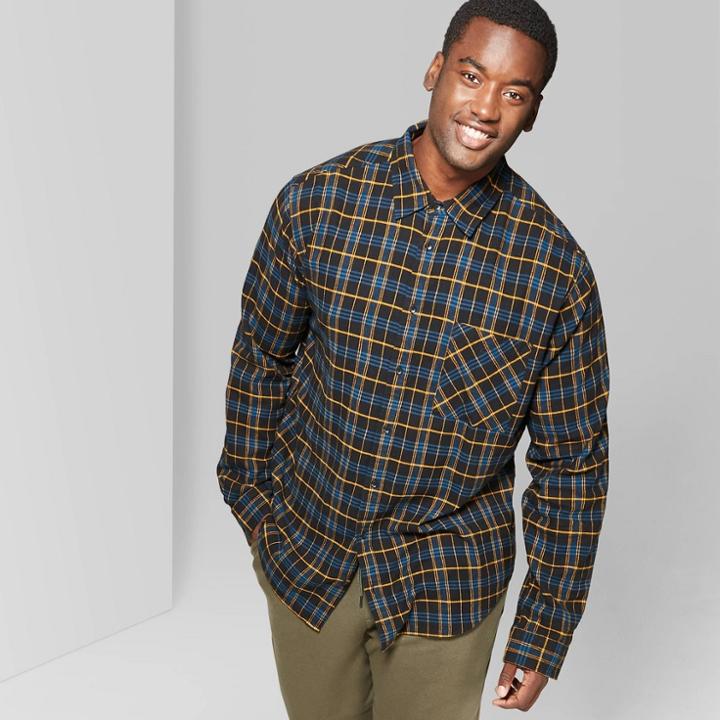Men's Big & Tall Checkered Standard Fit Flannel Button-down Shirt - Original Use Blue
