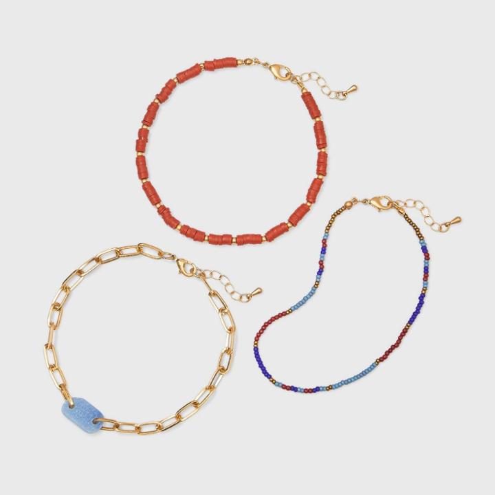 Semi-precious Aventurine Beaded Anklet Set 3pc - Universal Thread Red/blue