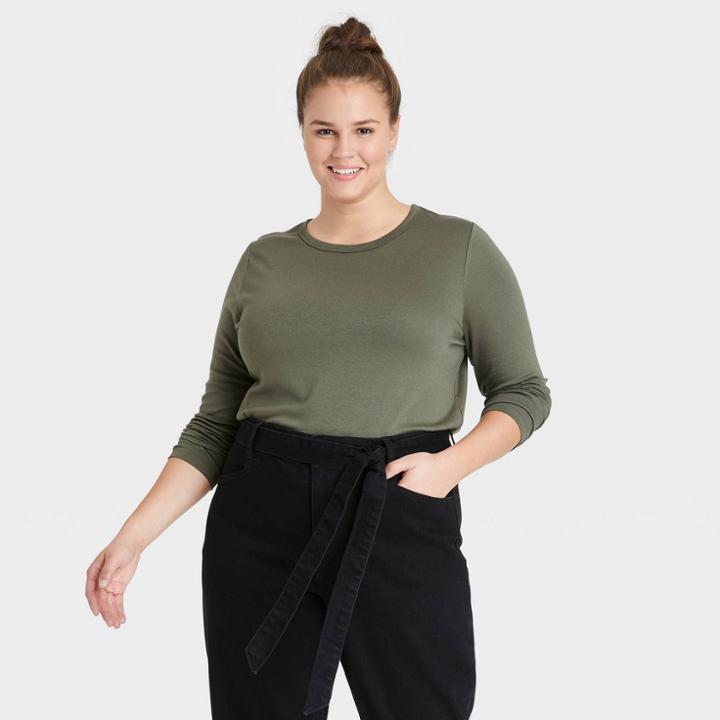 Women's Plus Size Long Sleeve Crewneck T-shirt - Ava & Viv Olive 1x, Green Green