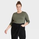Women's Plus Size Long Sleeve Crewneck T-shirt - Ava & Viv Olive 1x, Green Green
