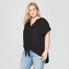 Women's Plus Size Tie Front Short Sleeve Blouse - Universal Thread Black X