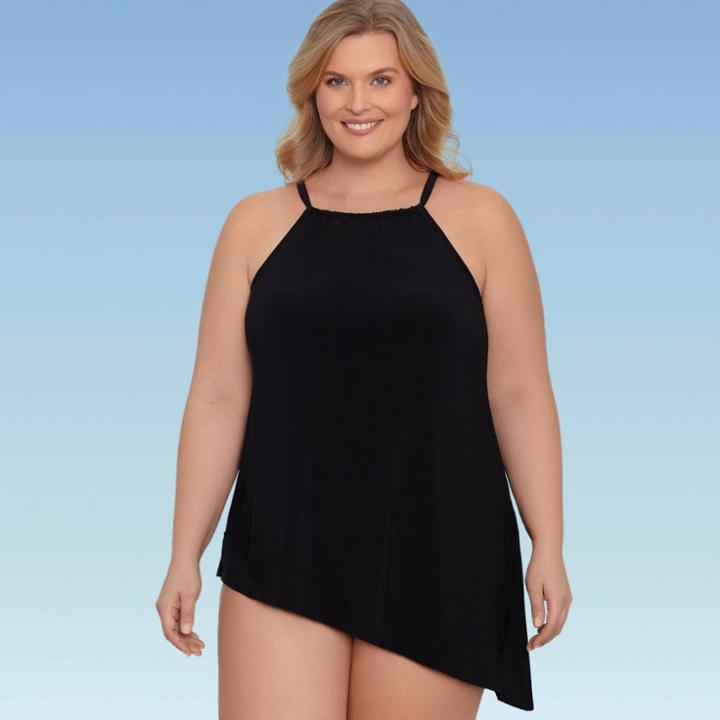Women's Plus Size Slimming Control Asymmetric Hem Tankini Top - Dreamsuit By Miracle Brands Black