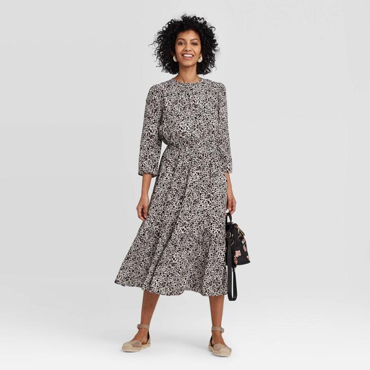 Women's Leopard Print Long Sleeve Crewneck Tiered Midi Dress - A New Day Black