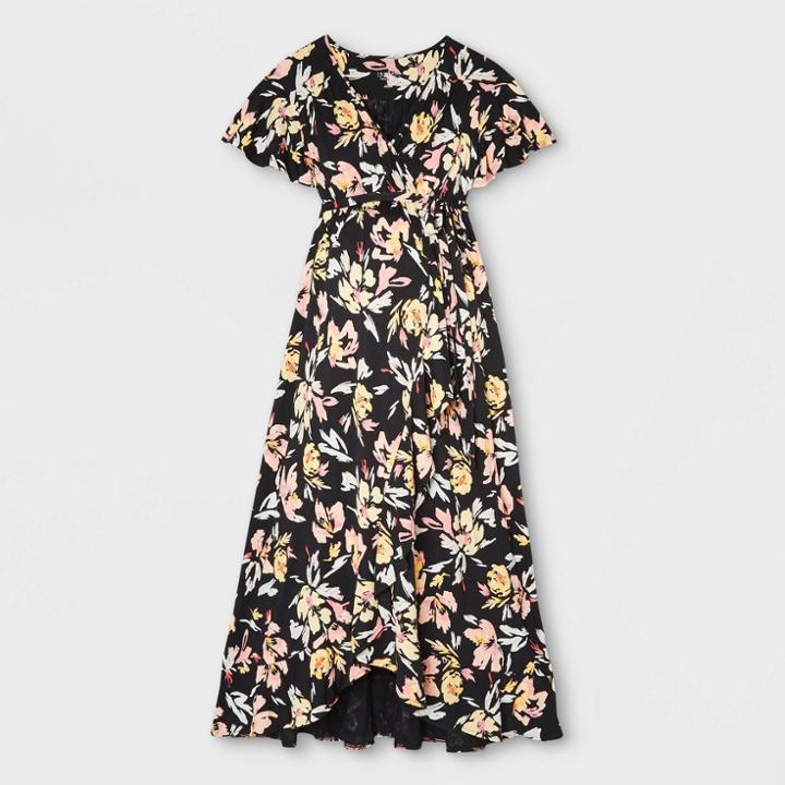 Floral Print Flutter Short Sleeve Knit Wrap Maternity Dress - Isabel Maternity By Ingrid & Isabel Black