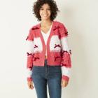 Mighty Fine Women's Striped Holiday Red & White Bow Cardigan Sweater - Red