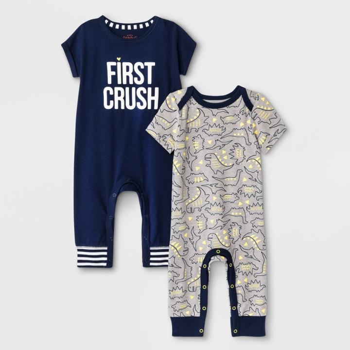 Baby Boys' 2pk First Crush & Dino Rompers - Cat & Jack Blue/gray Newborn, Boy's