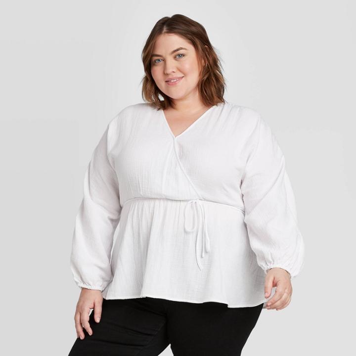 Women's Plus Size Long Sleeve V-neck Gauze Wrap Blouse - Ava & Viv White X, Women's