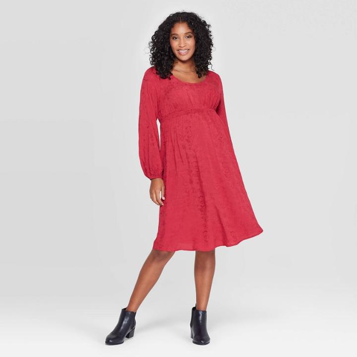 Maternity Long Sleeve Smocked Jacquard Dress - Isabel Maternity By Ingrid & Isabel Ruby L, Women's, Size:
