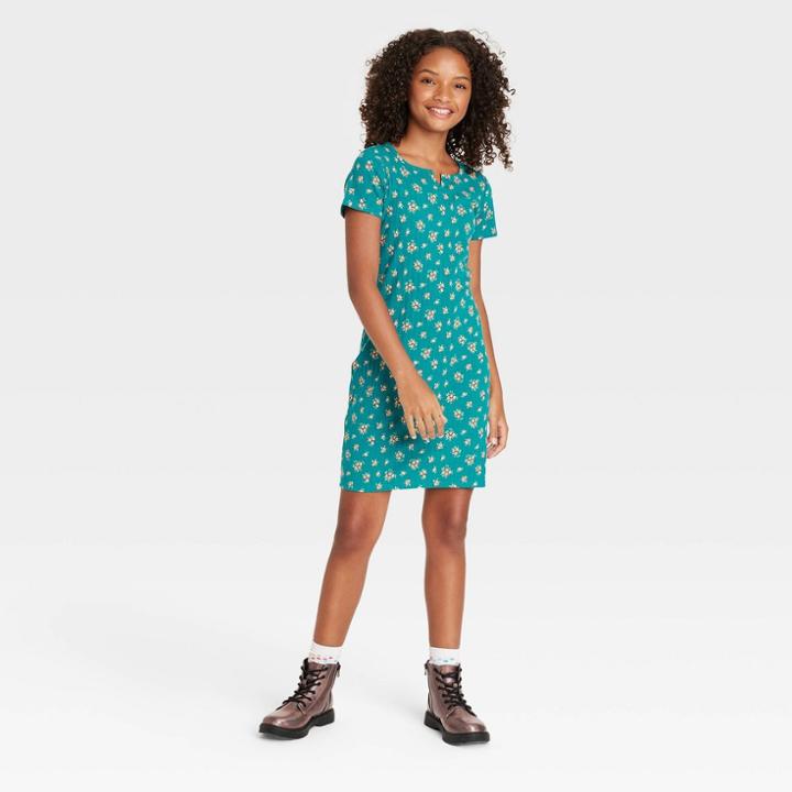 Girls' Notch Neck Dress - Art Class Aqua Green Floral