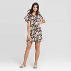 Women's Floral Print Short Sleeve Tie Waist Knit Dress - Xhilaration Gray S, Women's,