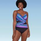 Women's Slimming Control Mesh Inset One Piece Swimsuit - Dreamsuit By Miracle Brands Jewel Stripe 8, Black/purple