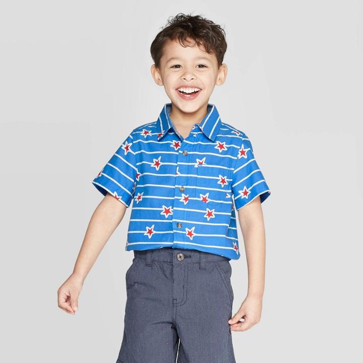 Toddler Boys' Short Sleeve Slub Poplin Novelty Print Button-down Shirt - Cat & Jack Blue