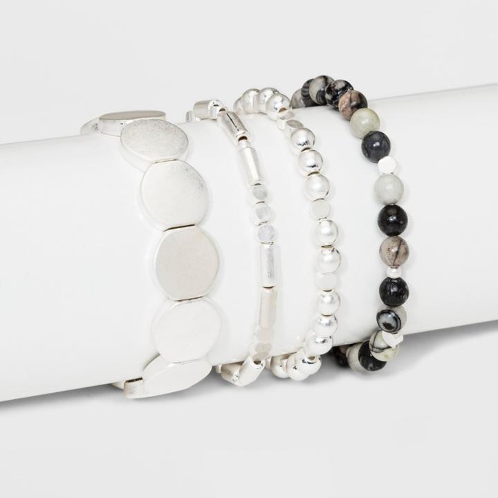 Semi Precious Beads, Acrylic/metal Beads, The Black Stone Network Multi 4 Row Bracelet Set - Universal Thread Silver,
