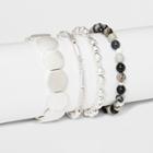 Semi Precious Beads, Acrylic/metal Beads, The Black Stone Network Multi 4 Row Bracelet Set - Universal Thread Silver,