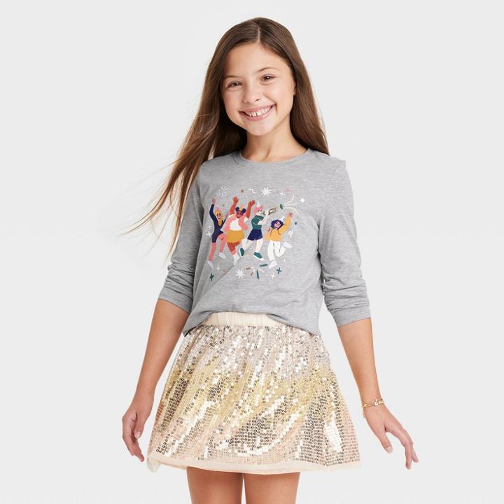 Girls' 'celebrate' Long Sleeve Graphic T-shirt - Cat & Jack Heather Gray