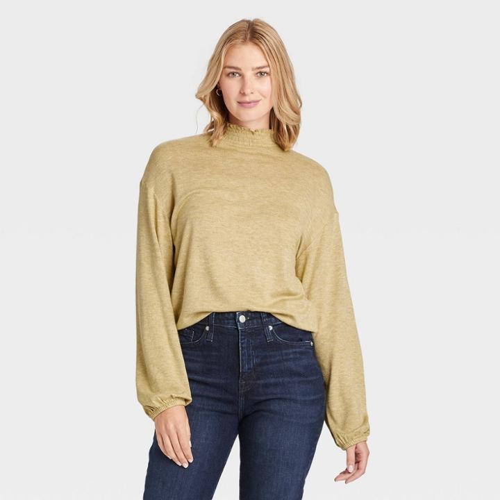 Women's Long Sleeve High Neck Smocked T-shirt - A New Day Light Green