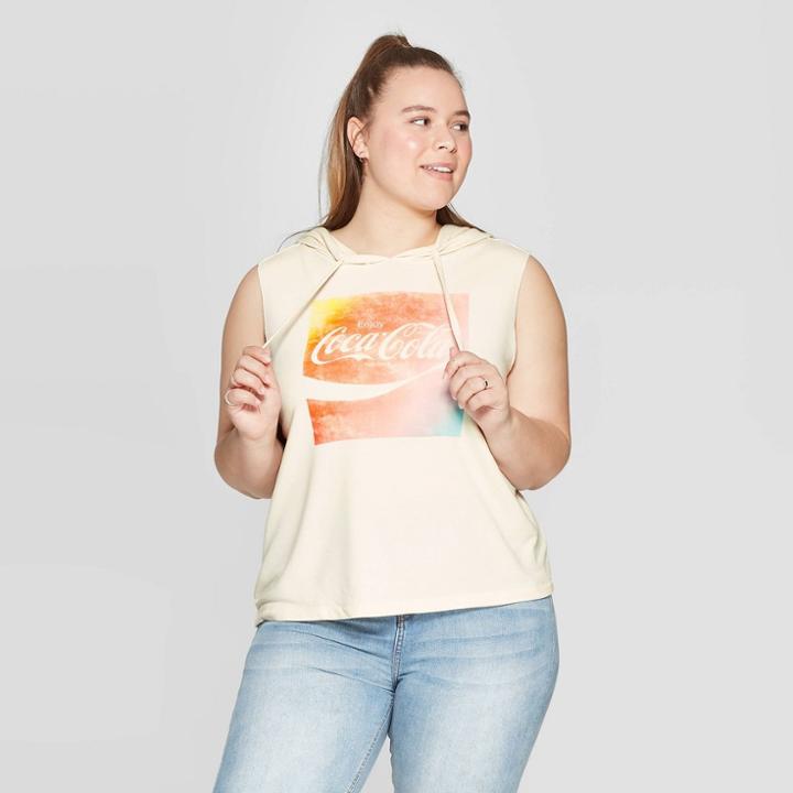 Women's Coca-cola Plus Size Sleeveless Graphic Hoodie (juniors') - Off White