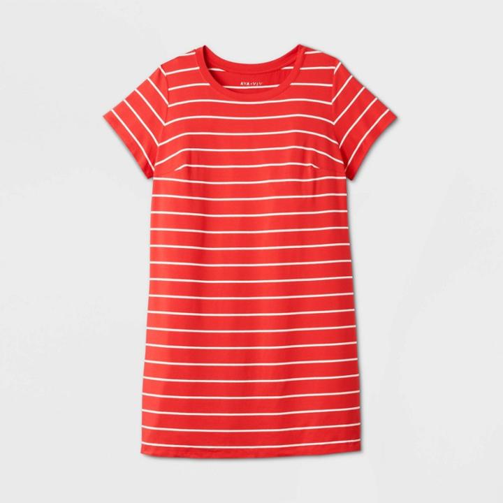 Women's Plus Size Short Sleeve Striped T-shirt Dress - Ava & Viv Red 2x, Women's,