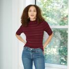 Women's Striped Elbow Sleeve High Neck Rib T-shirt - A New Day Burgundy