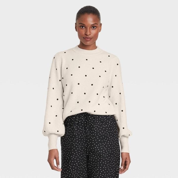 Women's Polka Dot Balloon Sleeve Crewneck Pullover Sweater - Who What Wear Cream