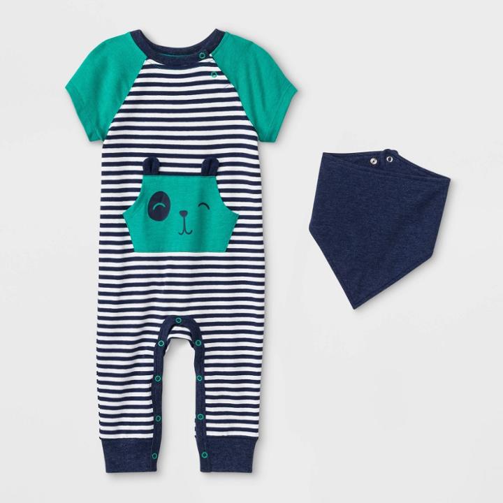 Baby Boys' Critter Pocket Romper With Bib Set - Cat & Jack Navy Newborn, Boy's, Blue
