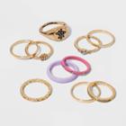 Flower Signet And Pink Enamel Ring Set 10pc - Wild Fable Gold
