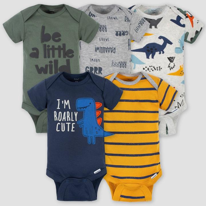 Gerber Baby Boys' 5pk Dino Short Sleeve Onesies - Green/blue/yellow