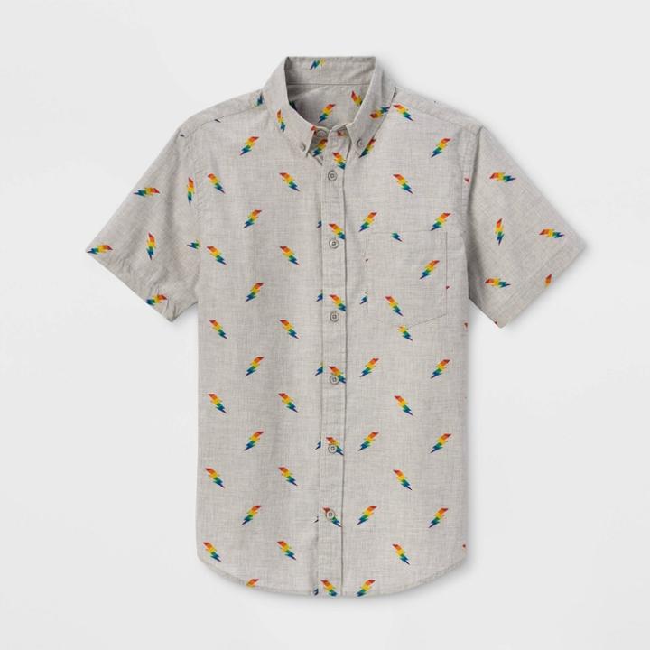 Ev Lgbt Pride Pride Gender Inclusive Adult Rainbow Lightning Print Button-down Shirt - Heather Gray Xs, Adult Unisex