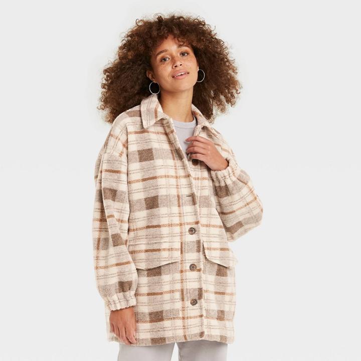 Women's Plaid Shirt Shacket - Universal Thread Brown