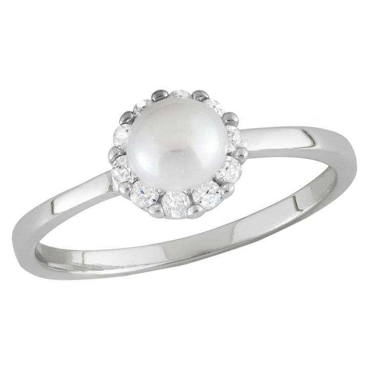 Tiara Kid's Round Cubic Zirconia And Freshwater Pearl Flower Ring In Sterling Silver (4-5mm), Girl's