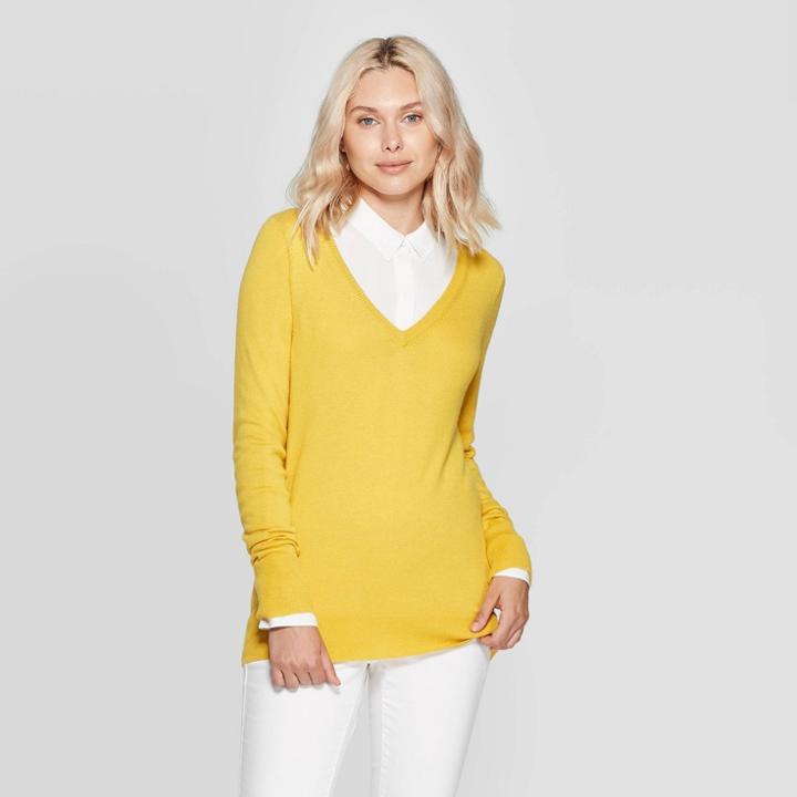 Women's Long Sleeve Ribbed Cuff V-neck Pullover Sweater - A New Day Gold