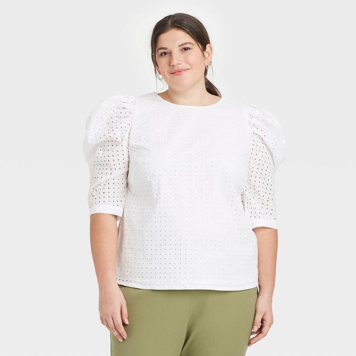 Women's Plus Size 3/4 Sleeve Eyelet Top - A New Day White