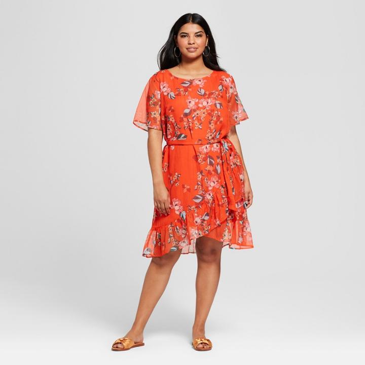 Women's Plus Size Floral Print Short Sleeve Ruffle Wrap Dress - A New Day Red