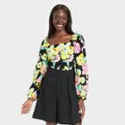 Women's Balloon Long Sleeve Bardot Top - Who What Wear Black Floral