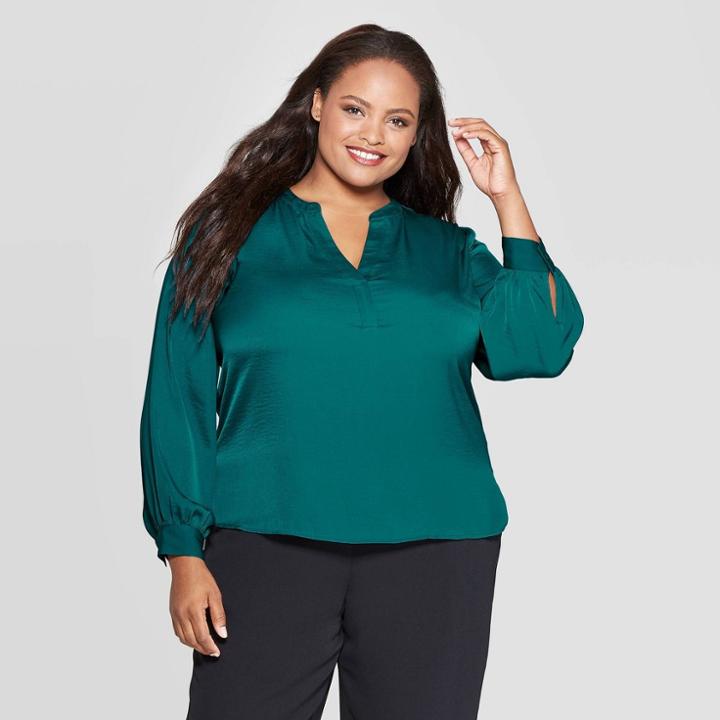 Women's Plus Size Long Sleeve V-neck Popover Top - Ava & Viv Dark Teal