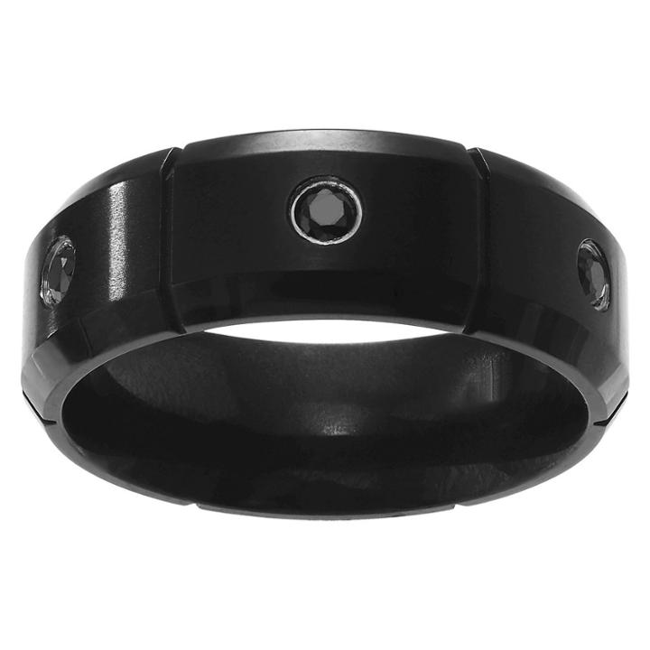 Territory 1 / 5 Ct. T.w. Round-cut Cz Men's Multigroove Wedding Inlaid Band In Titanium - Black,