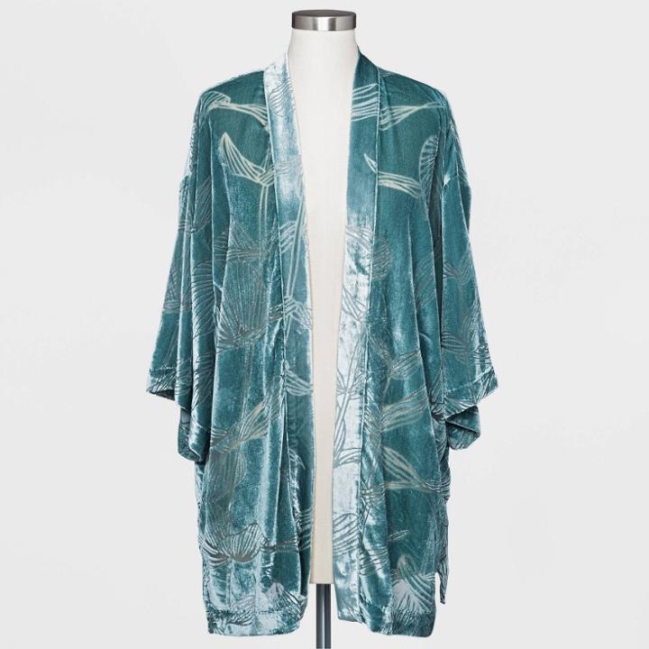 Women's Plus Size Floral Print Velvet Burnout Kimono Jacket - A New Day Navy