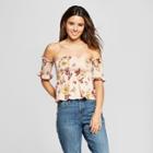Women's Floral Print Short Sleeve Off The Shoulder Smocked Crop Top - Xhilaration Blush